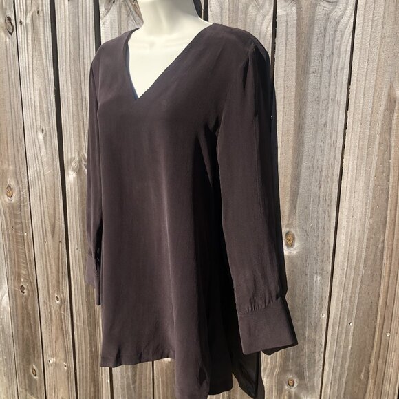 Ecru Medium Silk Blouse Top Brown V Neck Long Sleeve Pleated Button Cuffs - Picture 2 of 8